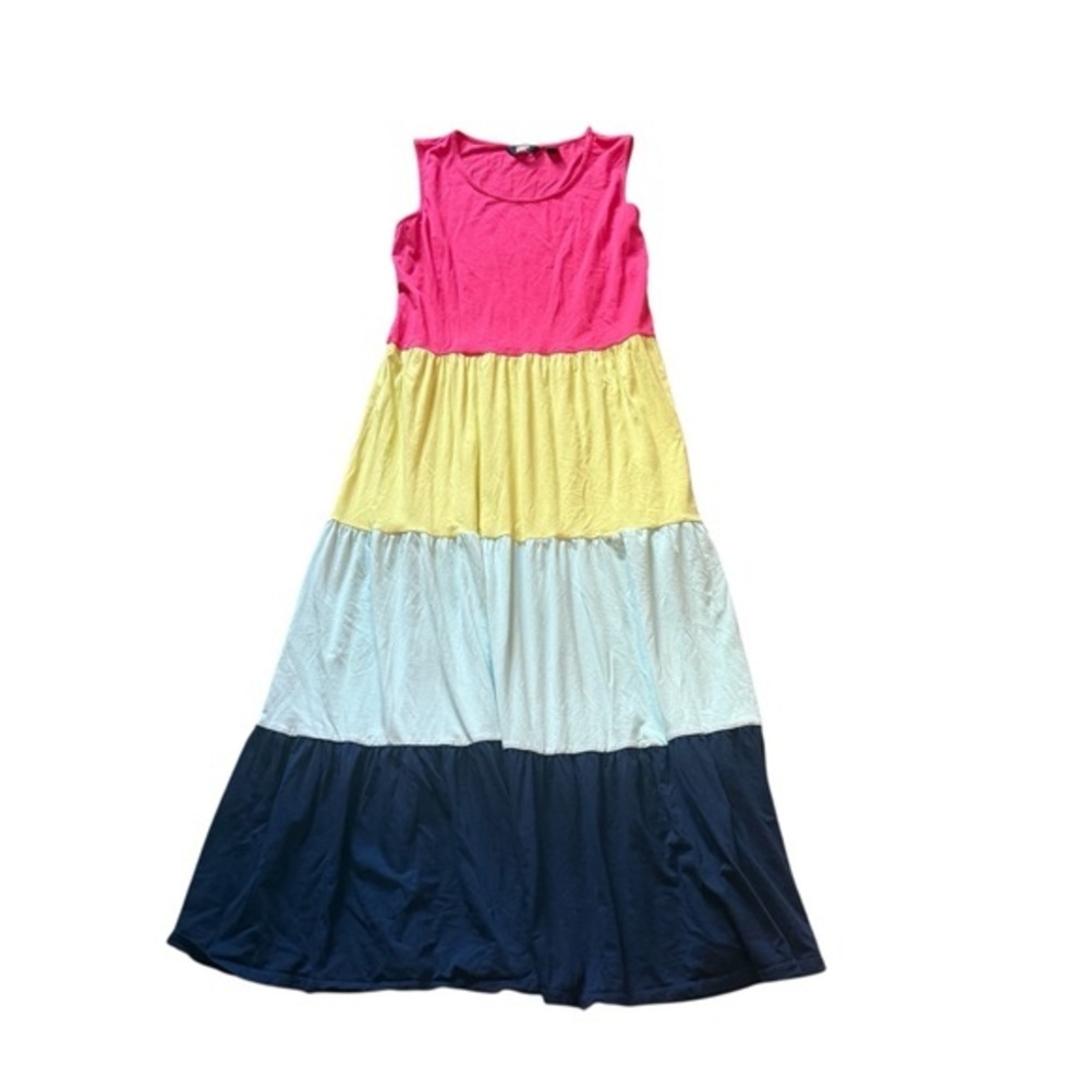 Lands’ End Colorblock Tiered Maxi Dress – Size M/P (10–12) – Pink/Yellow/Blue